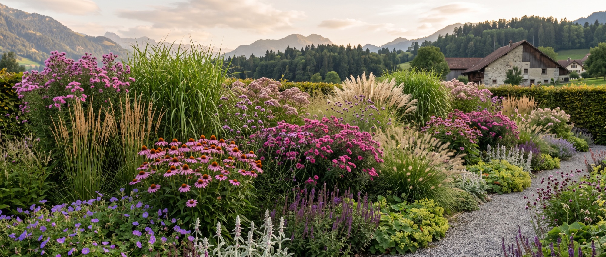 Staudenbeet in fünf Schichten im Spätsommerlicht (KI-generiertes Bild)