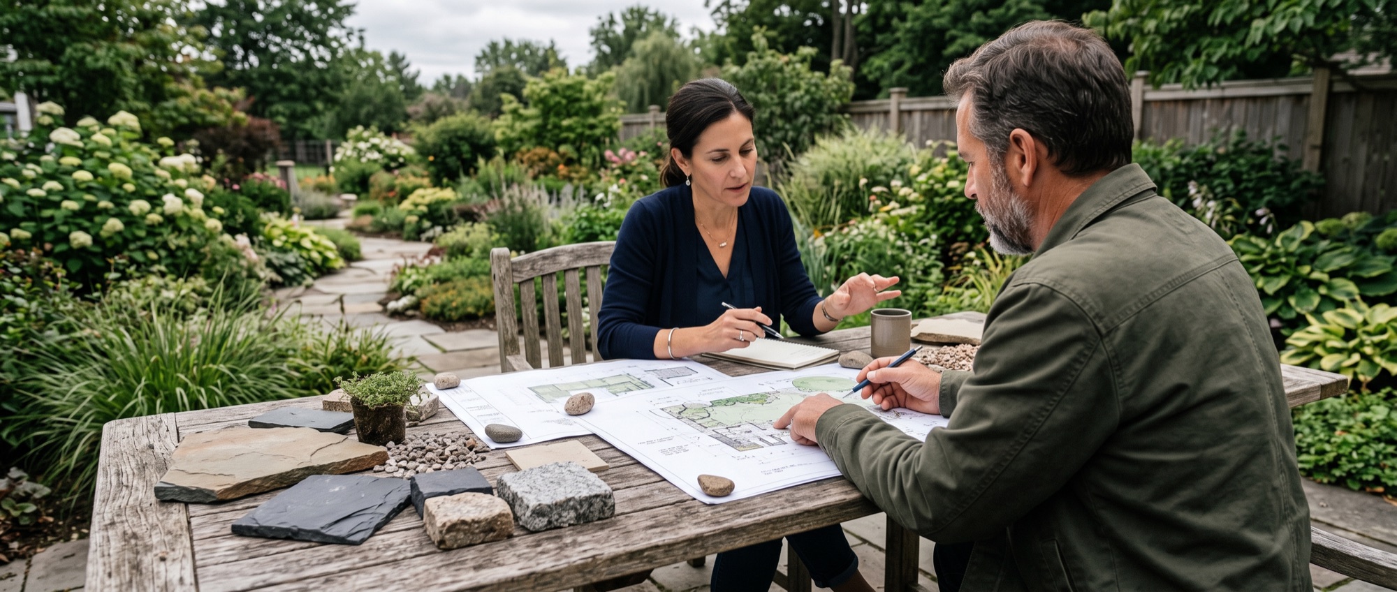 Gartenprofi und Kundin besprechen Pläne am Gartentisch (KI-generiertes Bild)