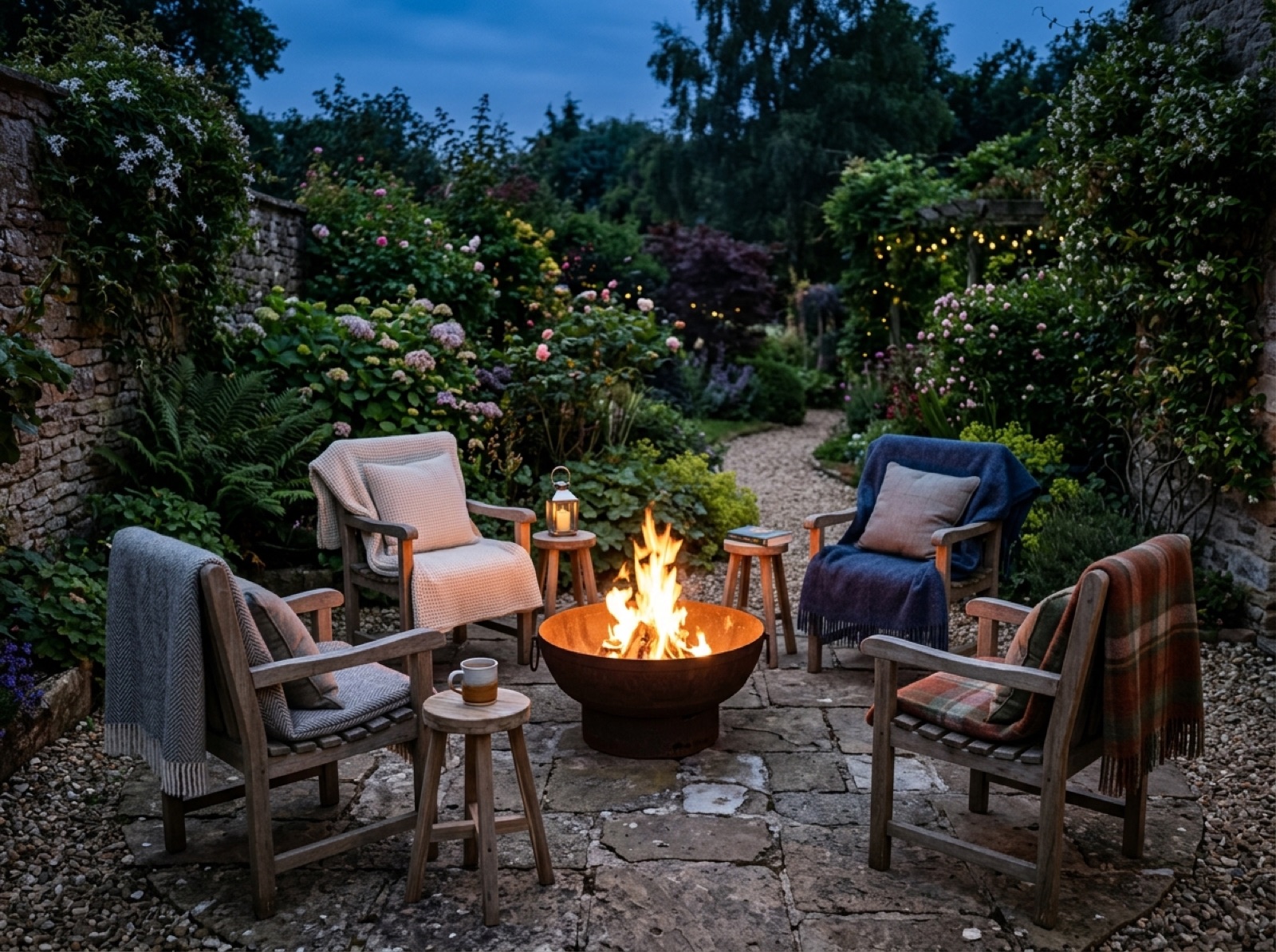 Sitzplatz mit Feuerschale am Abend (KI-generiertes Bild)