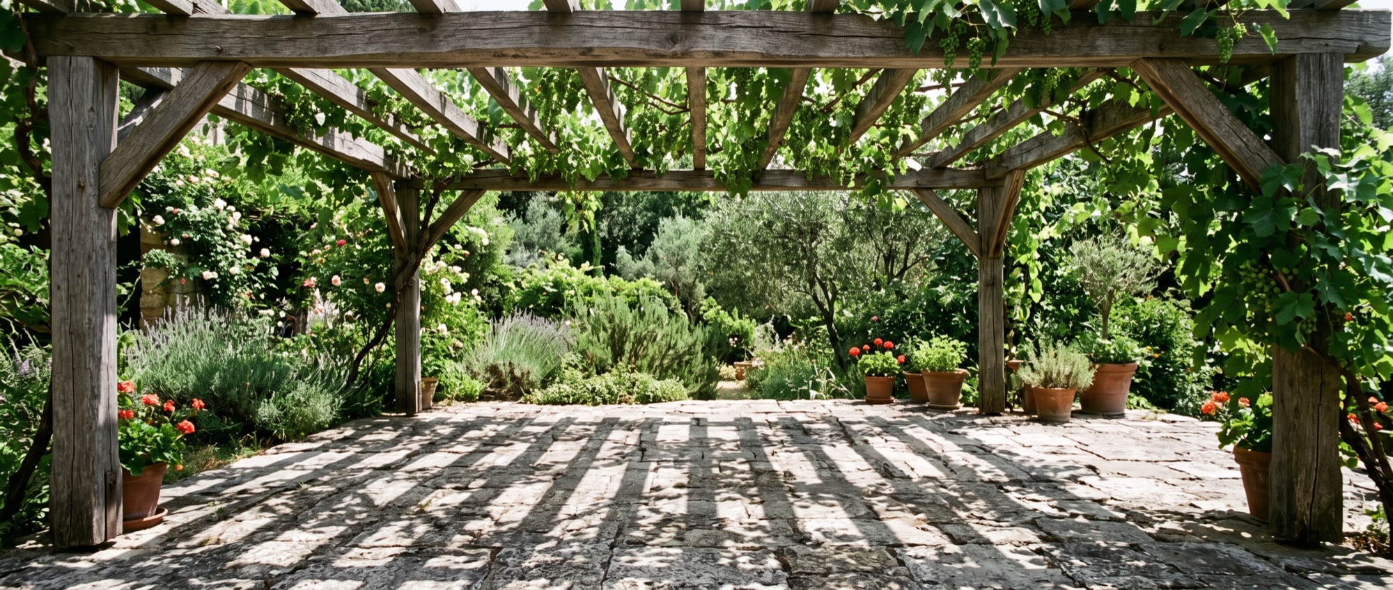Holzpergola mit Reben wirft Streifenschatten auf eine Steinterrasse (KI-generiertes Bild)