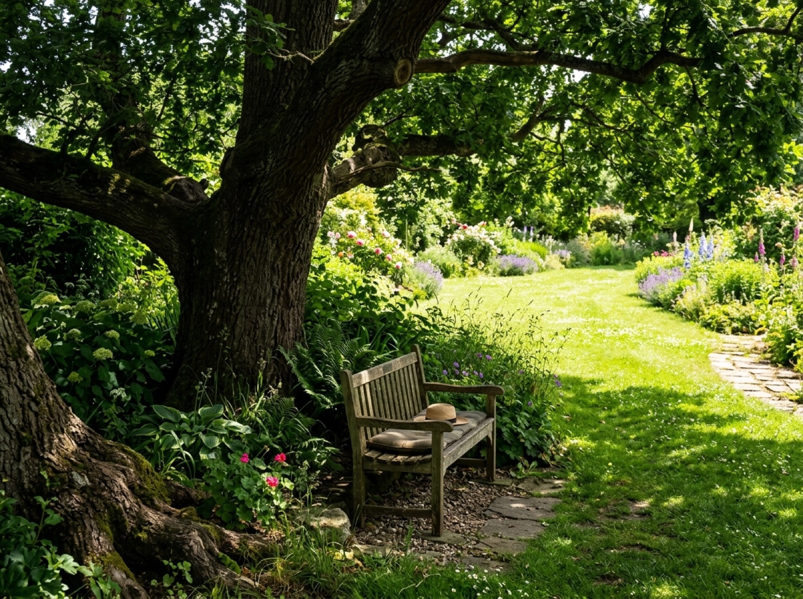 Gartenbank im tiefen Schatten eines alten Baumes (KI-generiertes Bild)