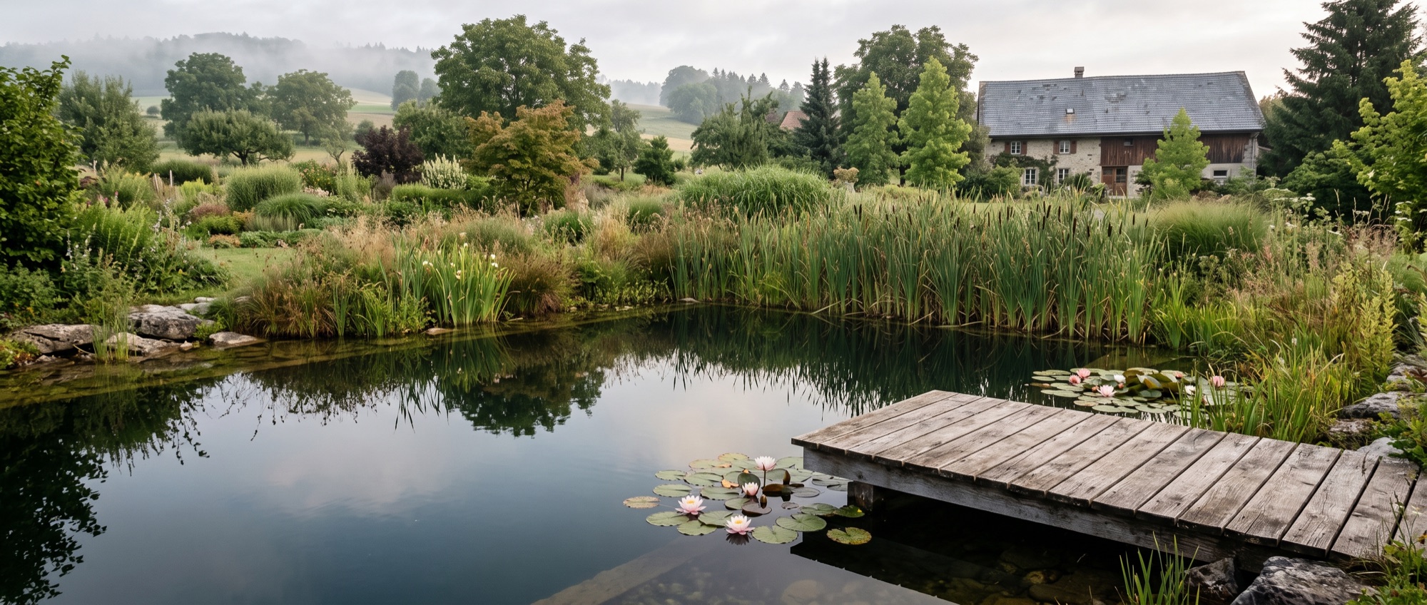 Naturteich mit bepflanzter Regenerationszone und kleinem Holzdeck am Morgen (KI-generiertes Bild)