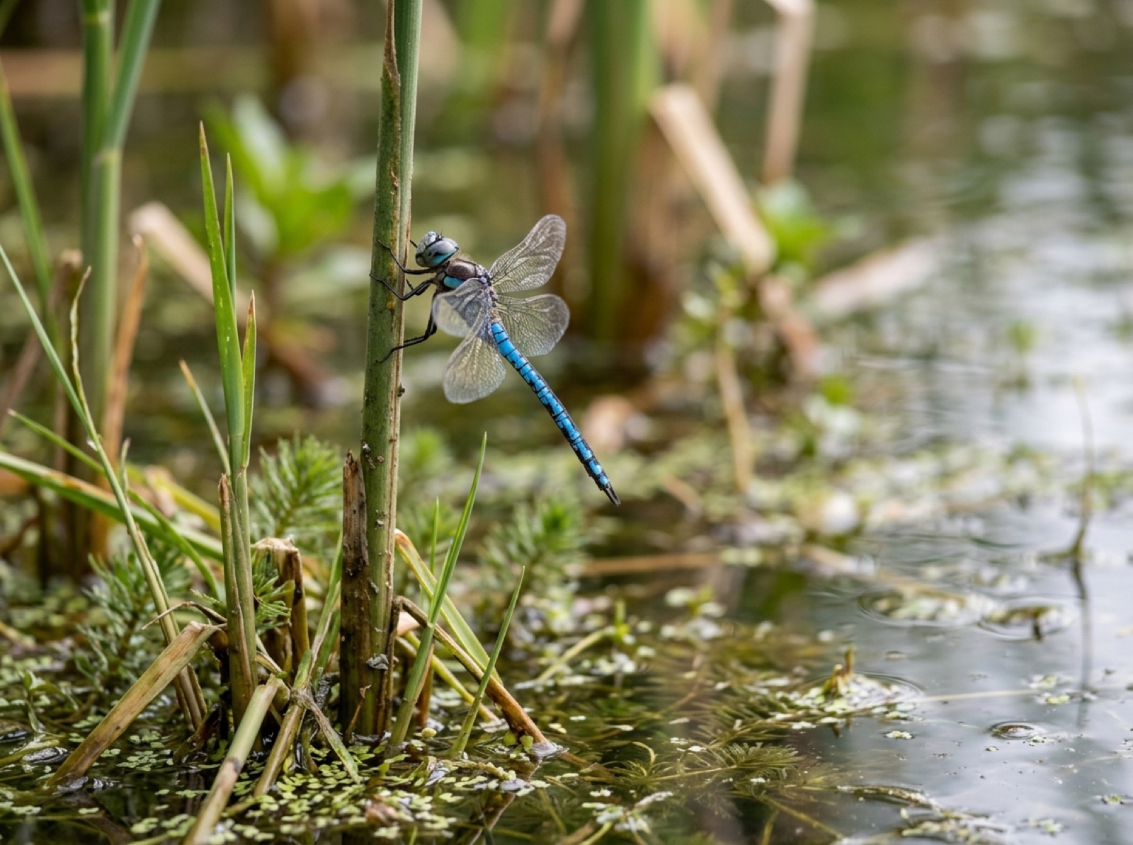 Teichrand mit Wasserpflanzen und blauer Libelle auf einem Halm (KI-generiertes Bild)