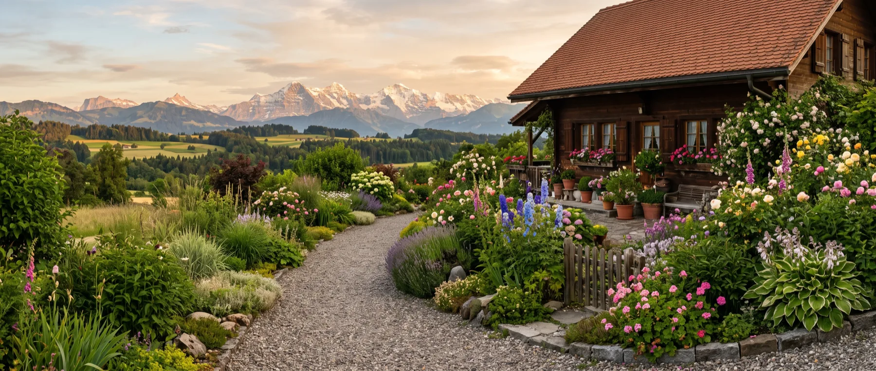 Bauerngarten mit Staudenrabatten vor einem Chalet, Berner Alpen im Hintergrund
