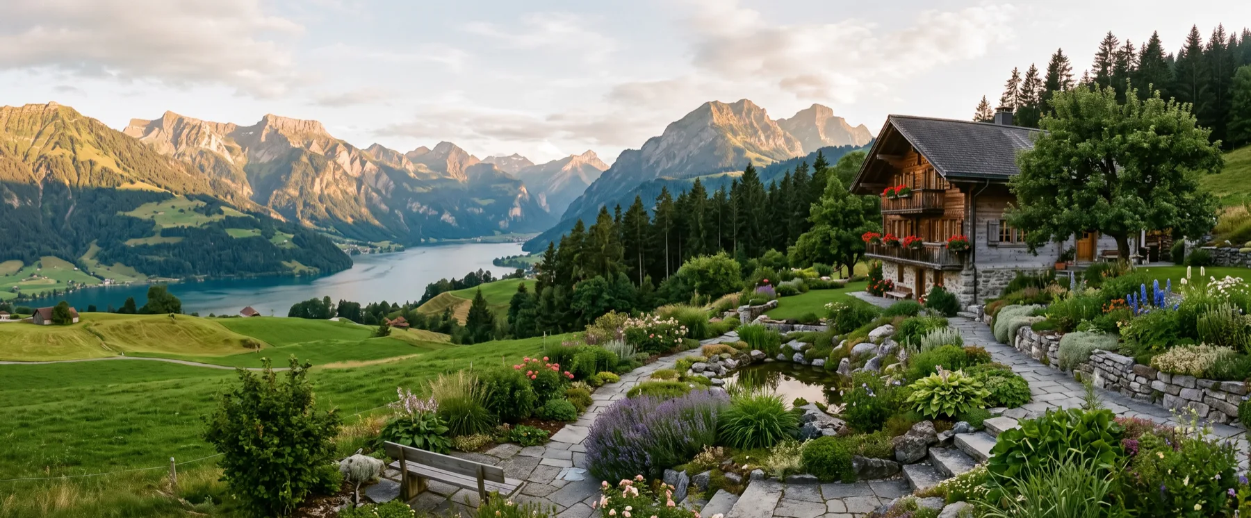 Berggarten an einem Holzchalet über dem Sarnersee, Gipfel im Abendlicht
