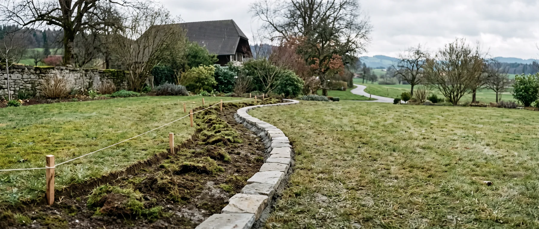 Garten im Umbau: neue Steineinfassung an gewachsenem Rasen, Schnur und Pflöcke markieren ein neues Beet