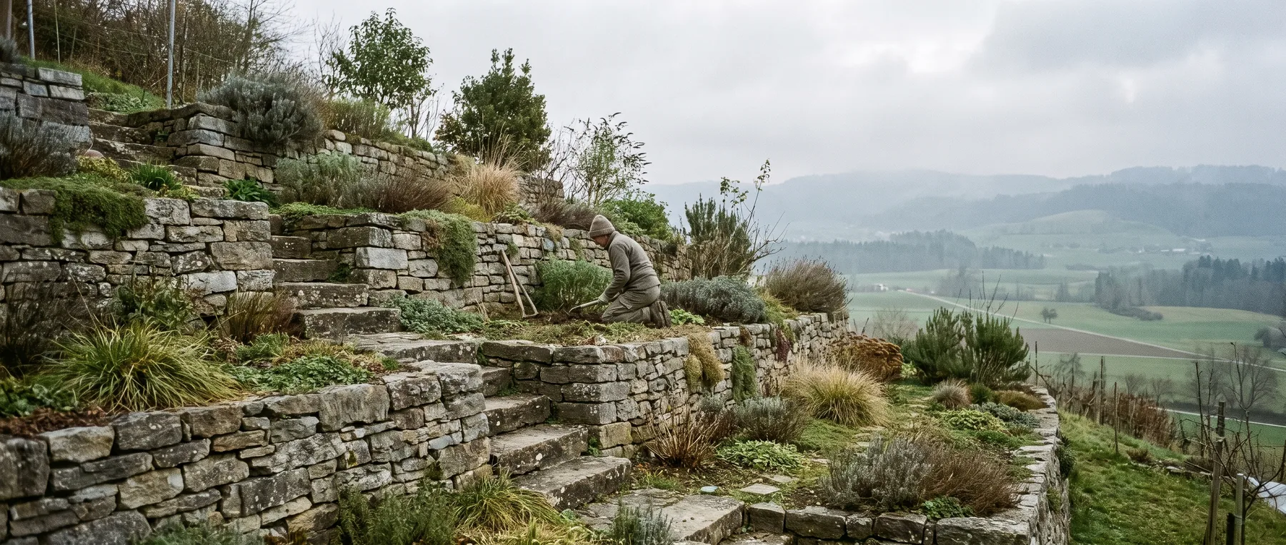Terrassierter Hanggarten mit Trockenmauern, Steinstufen und Bepflanzung auf jeder Ebene