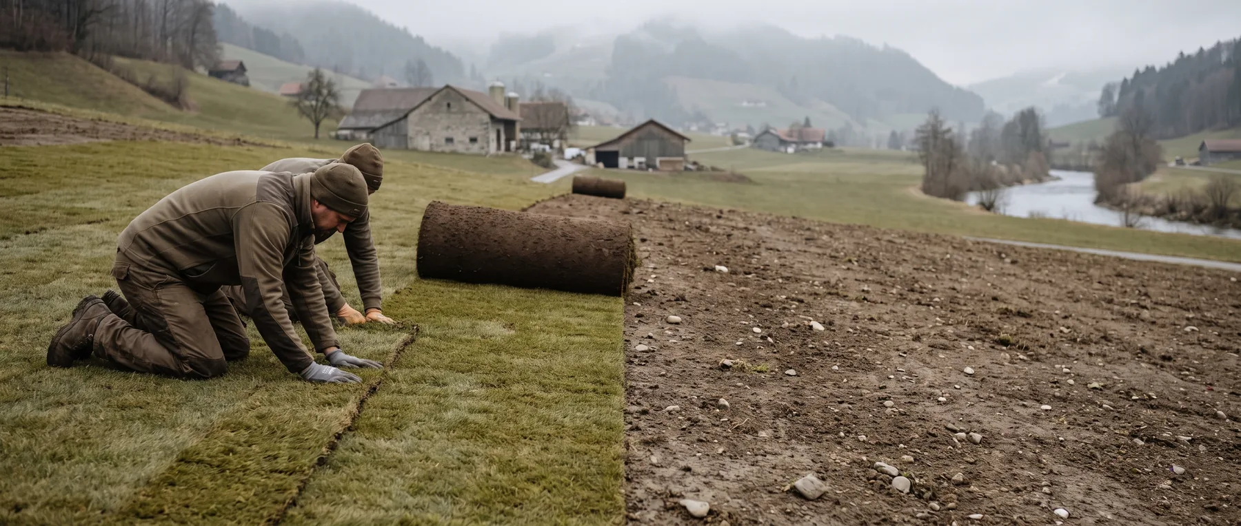 Rollrasen wird auf vorbereitetem Boden ausgelegt, eine Naht wird von Hand geschlossen