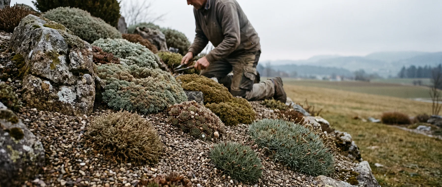 Alpiner Steingarten mit verwitterten Findlingen und Polsterstauden in Kiesmulch