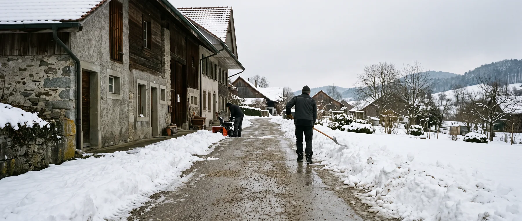 Geräumter und gesplitteter Gehweg nach Schneefall, Schneewälle an den Rändern